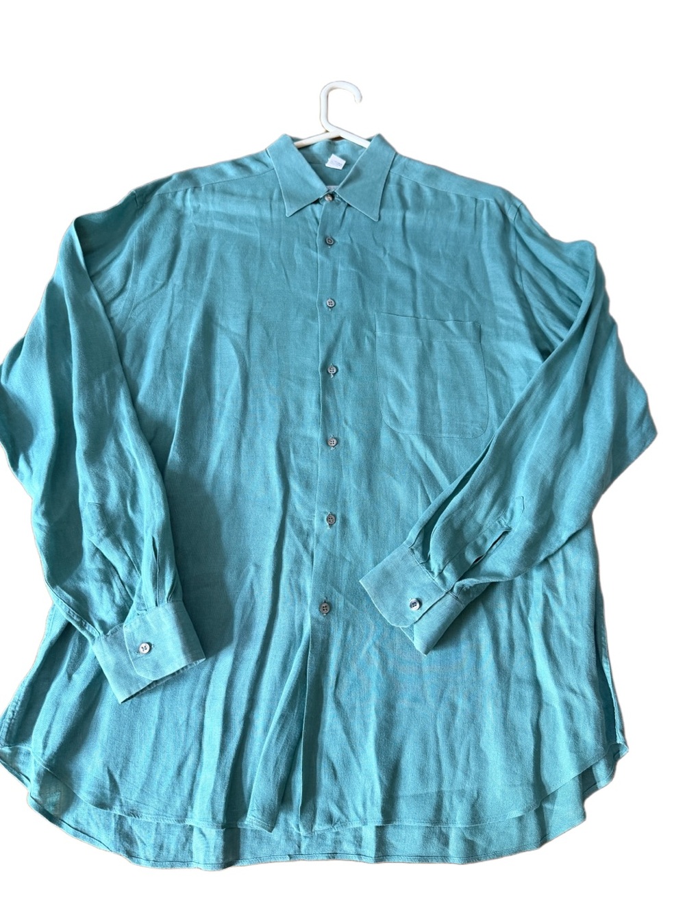 Vintage Barney's New York Teal Blue Large Linen Lightweight Men's ButtonUp Shirt